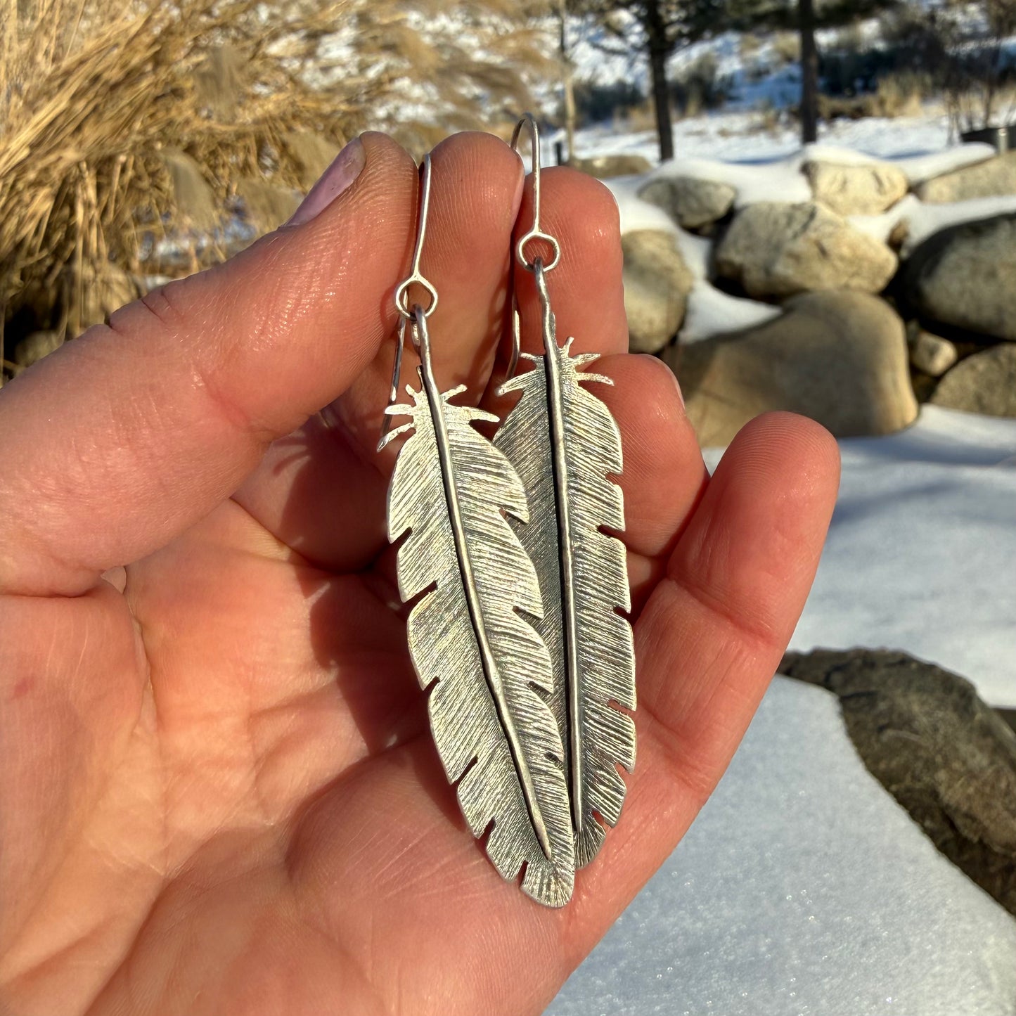 Birds of a Feather-Large Silver Feather Earrings
