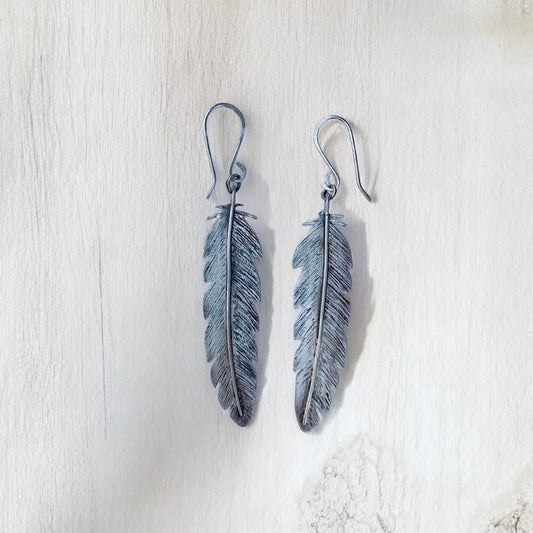 Birds of a Feather-Large Silver Feather Earrings